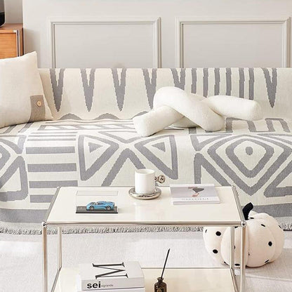 Boho Couch Cover Geometric Sofa Blanket Furniture Protector Grey