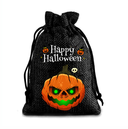 12 Pack Halloween Burlap Drawstring Gift Bags with Pumpkin Ghost Designs - Black