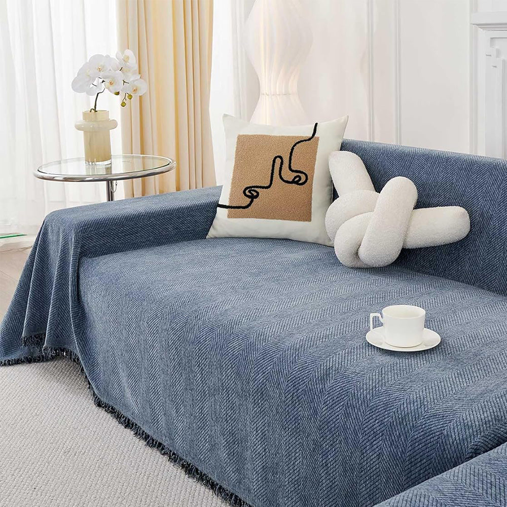 Herringbone Tassel Sofa Throw Cover Large Blanket for Couch Furniture Protector-Blue