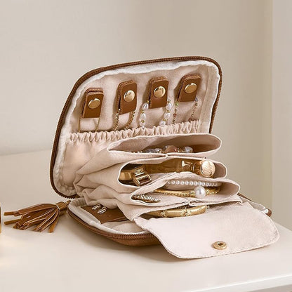 PU Leather Travel Jewelry Organizer Bag with Velvet Lining - Camel
