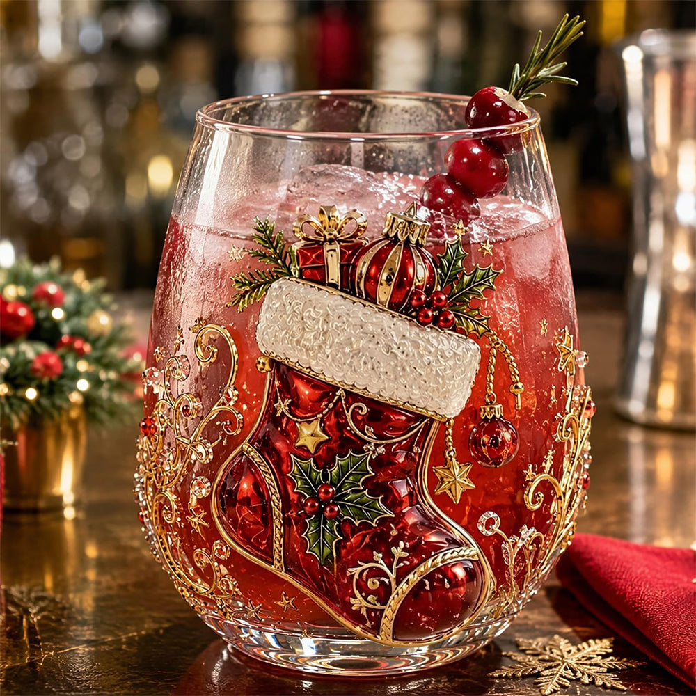 Christmas Embossed Whiskey Glass Christmas Whiskey Glass - Stocking