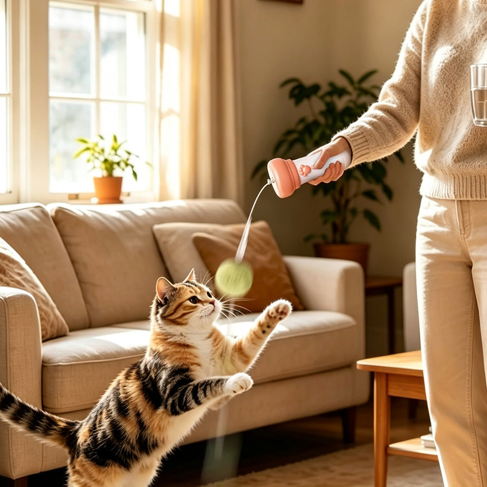 Cat Teaser Launcher with Retractable Cord and 2 Plush Balls - Pink