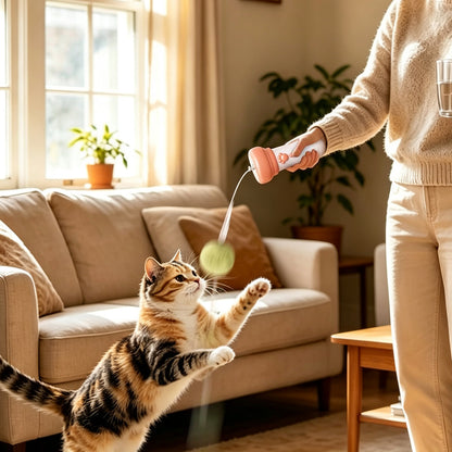 Cat Teaser Launcher with Retractable Cord and 2 Plush Balls - Pink