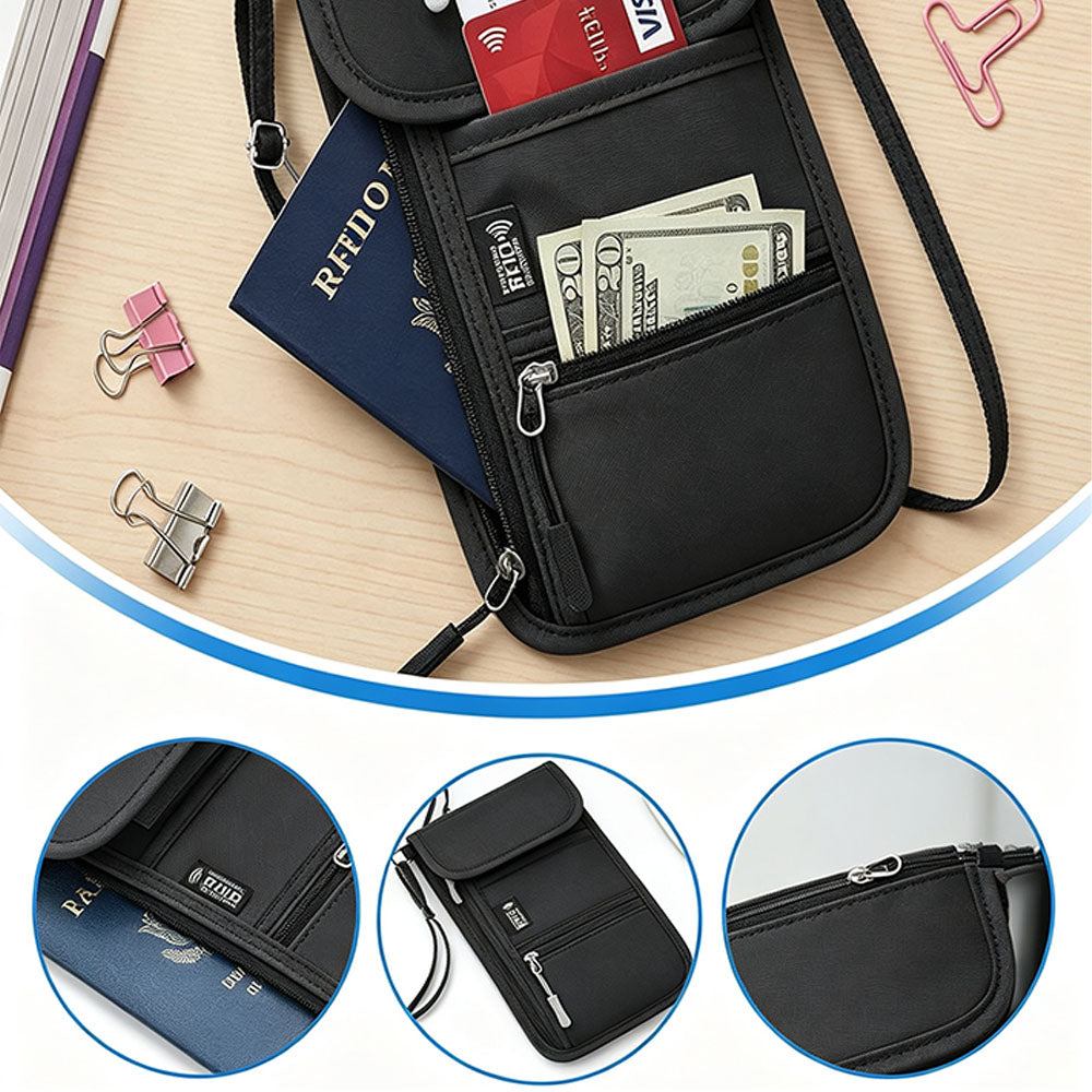 RFID Lined Travel Passport Holder Neck Wallet- Black
