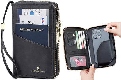 RFID Blocking Passport Wallet PU Document Organizer with Wristlet for Women -Black