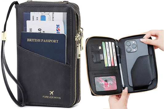 RFID Blocking Passport Wallet PU Document Organizer with Wristlet for Women -Black