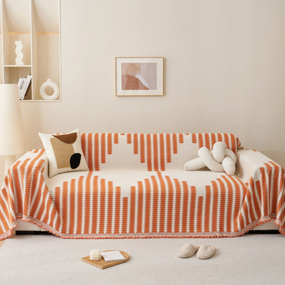 Reversible Sofa Couch Cover Boho Chenille Blanket Orange