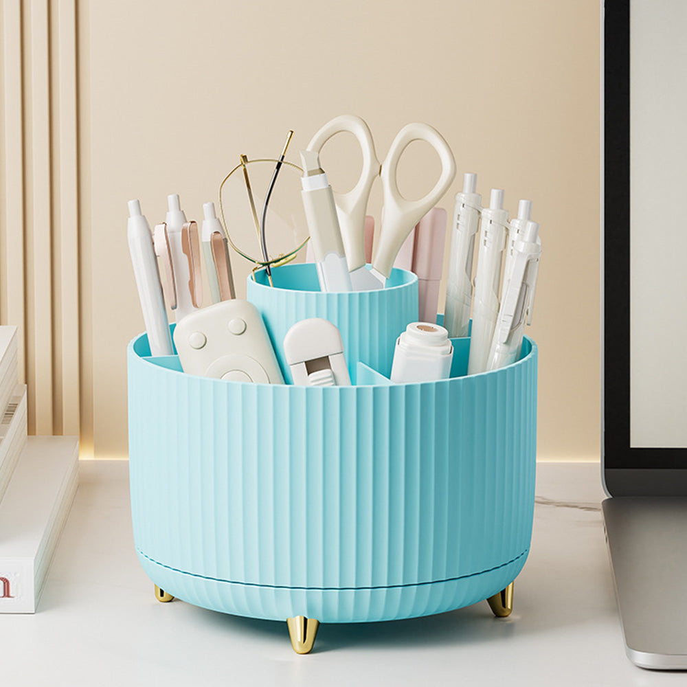 360 Degree Rotating Desk Organizer with 4 Slots For Pencil and Pen Holder-Blue