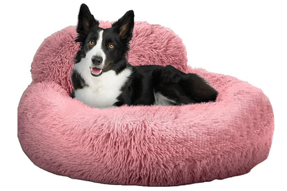 Calming Donut Dog Bed Anti-Slip Fluffy Plush Faux Fur Pet Bed for Most Dogs -Pink
