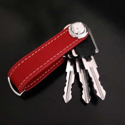 Leather Smart Key Holder Folding Key Organizer Clip Compact Keychain -Red