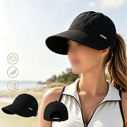Wide Brim Quick Dry Sun Hat with Ponytail Opening and Hook - Black