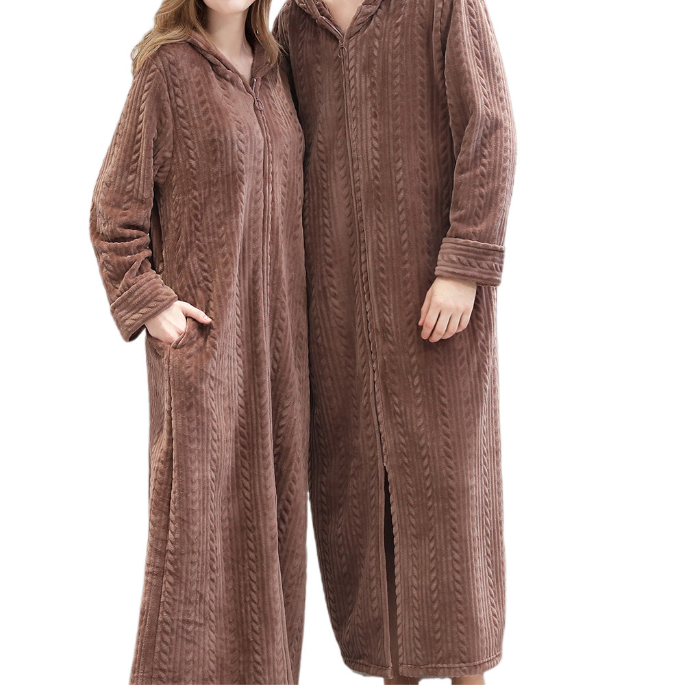 Unisex Bathrobe Fleece Robes Winter Warm Nightgown Sleepwear Pyjamas-Coffee