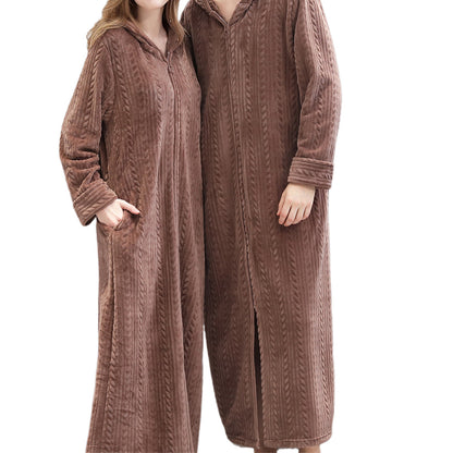 Unisex Bathrobe Fleece Robes Winter Warm Nightgown Sleepwear Pyjamas-Coffee