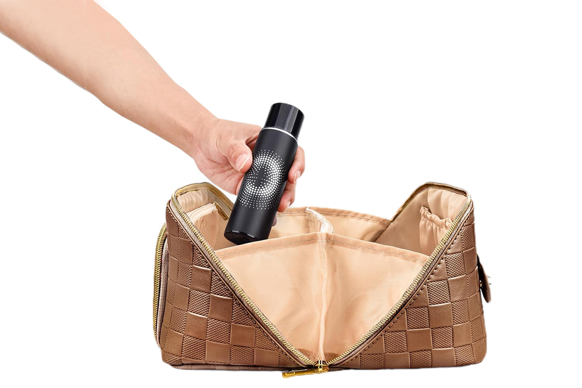 Large Capacity PU Leather Water-Resistant Checkered Cosmetic Bag Travel Makeup Bag-Brown
