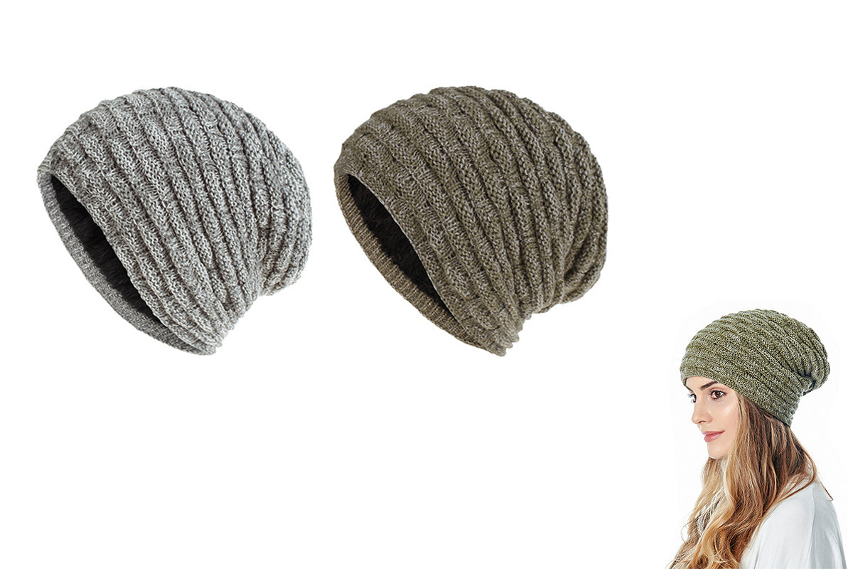2Pcs Men Women Unisex Winter Warm Fleece Lined Slouchy Knit Beanie Hat-Dark Grey And Grey