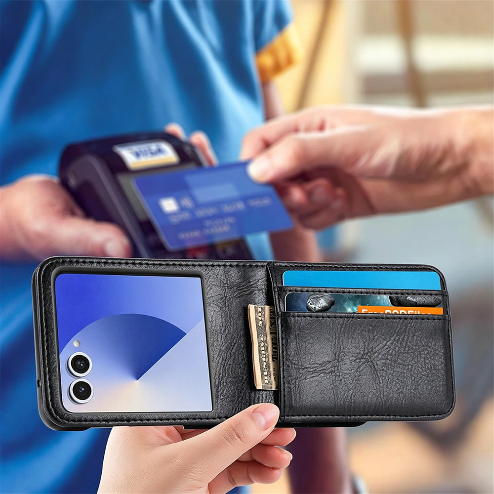 PU Wallet Card Holder Case for Samsung Galaxy Z Flip 6 7 8 with Stand - Black