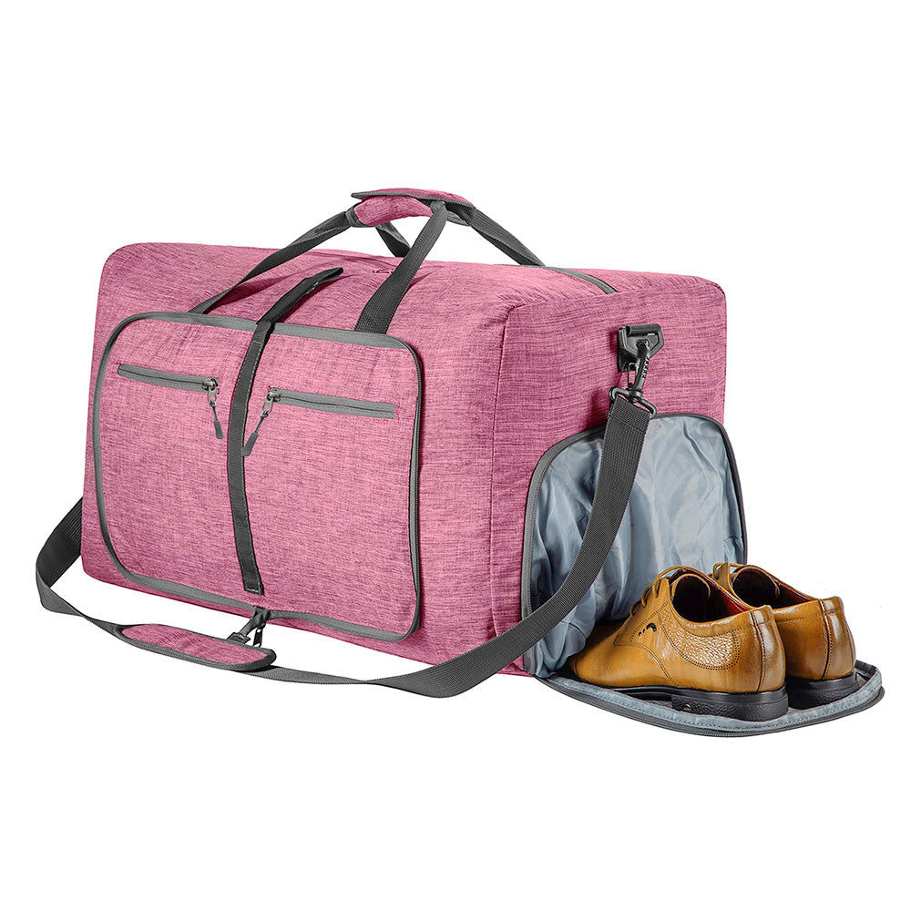 Large Foldable Travel Duffel Bag Carry-On Shoulder Bag with Shoe Compartment Pink