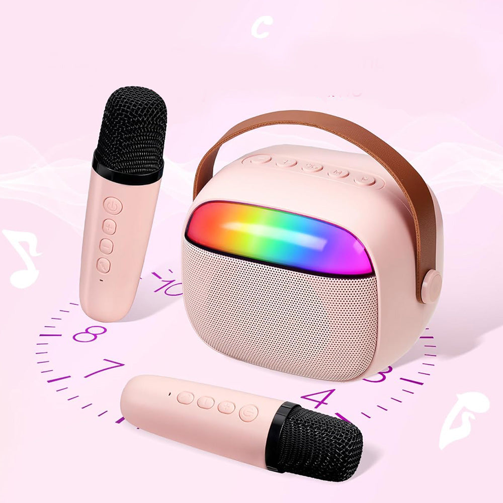 Mini Karaoke Machine with 2 Wireless Microphones Portable Bluetooth Speaker Singing Machine Pink