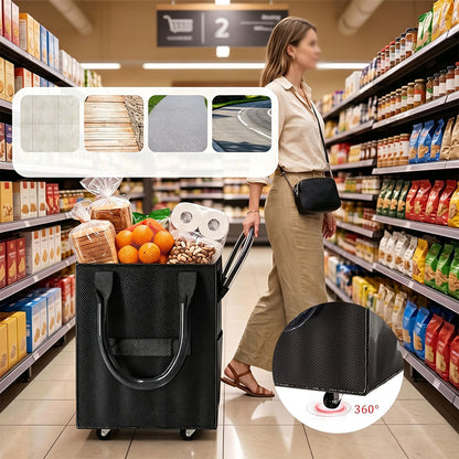 Reusable Grocery Bag Foldable Rolling Shopping Tote Bag - Black