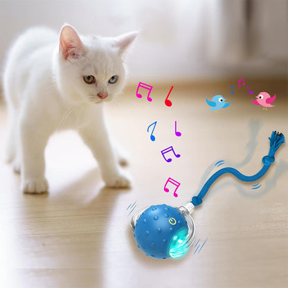 Motion Activate Interactive Cat Toy Rechargeable Smart Rolling Ball with Rope Blue