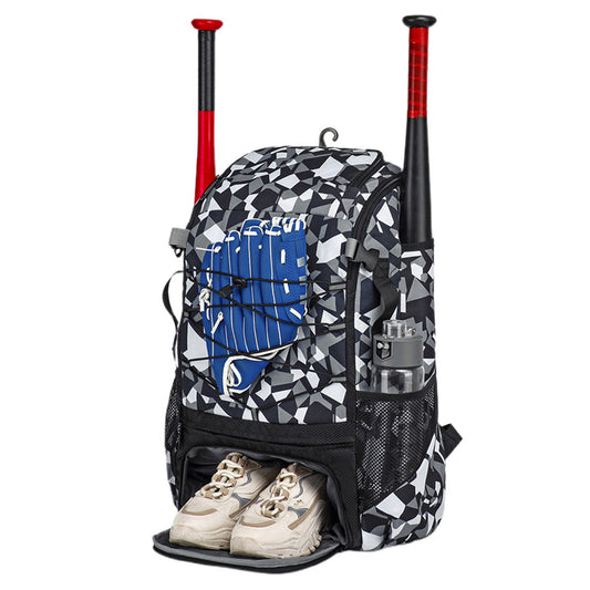 Large Capacity Baseball Bag Softball Bat Bag with Shoe Compartment Black and White