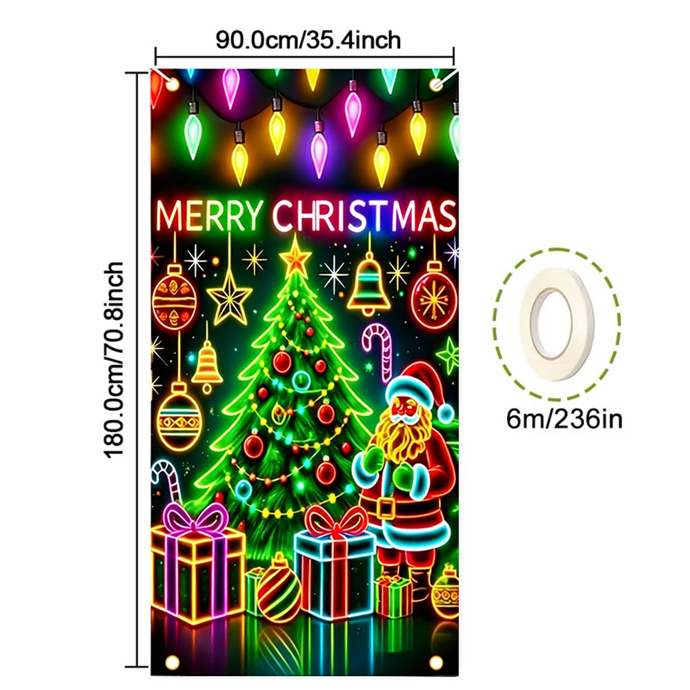 90x180cm 2D UV Reactive Christmas Glow Door Curtain - Santa Claus and Christmas Tree