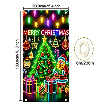 90x180cm 2D UV Reactive Christmas Glow Door Curtain - Santa Claus and Christmas Tree