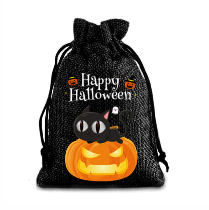 12 Pack Halloween Burlap Drawstring Gift Bags with Pumpkin Ghost Designs - Black