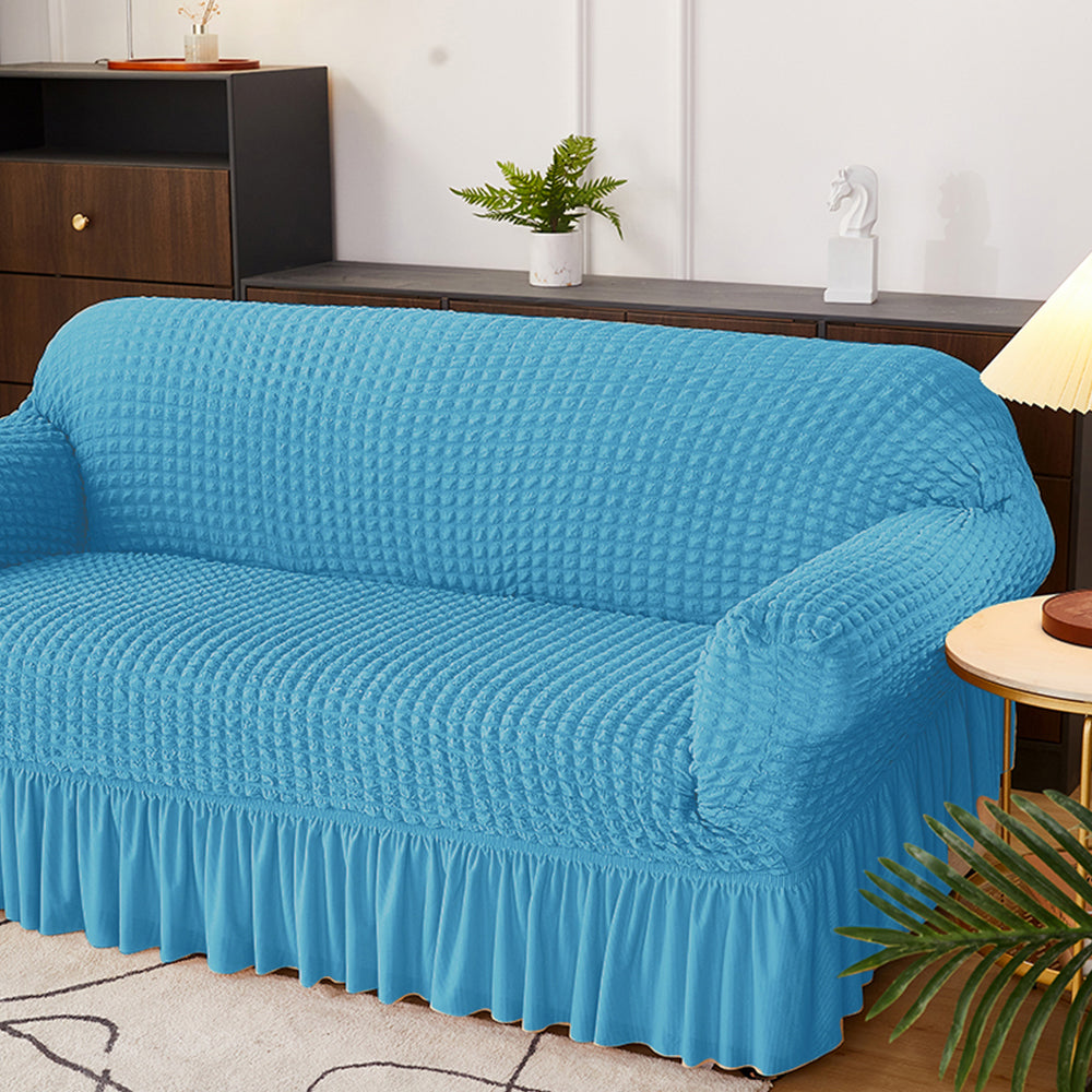 Seersucker Couch Cover with Ruffle Hemline Stretch Sofa Cover -Blue