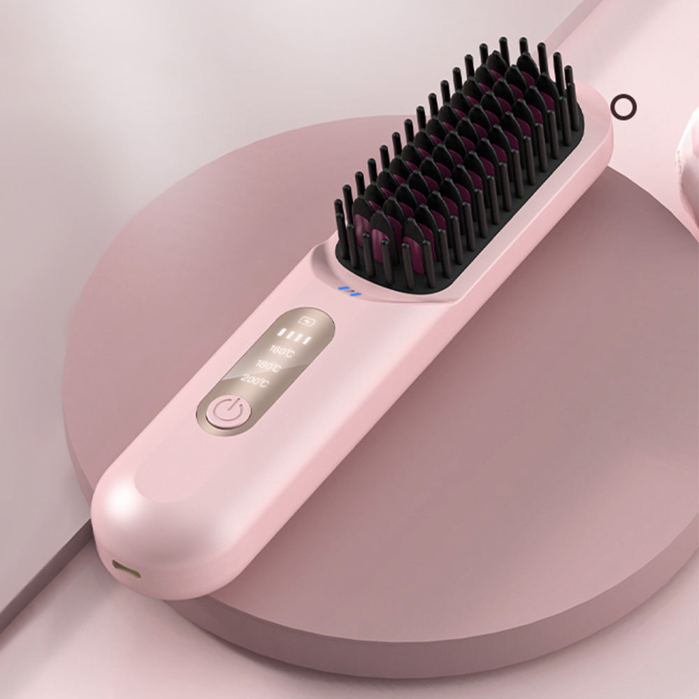 Cordless Hair Straightener Brush Mini Anion Hot Straightener Comb with LED Display Pink