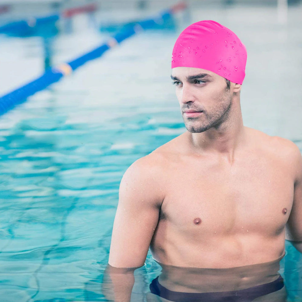 Elastic Silicone Swimming Cap Solid Color Water-resistant Ear Protection Hat Pink