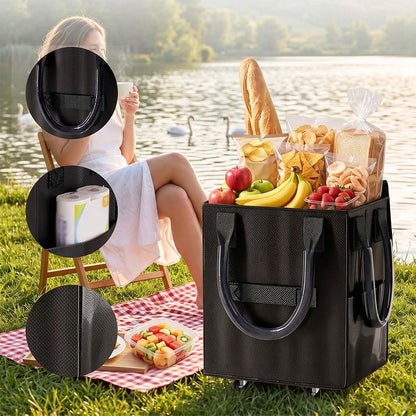 Reusable Grocery Bag Foldable Rolling Shopping Tote Bag - Black