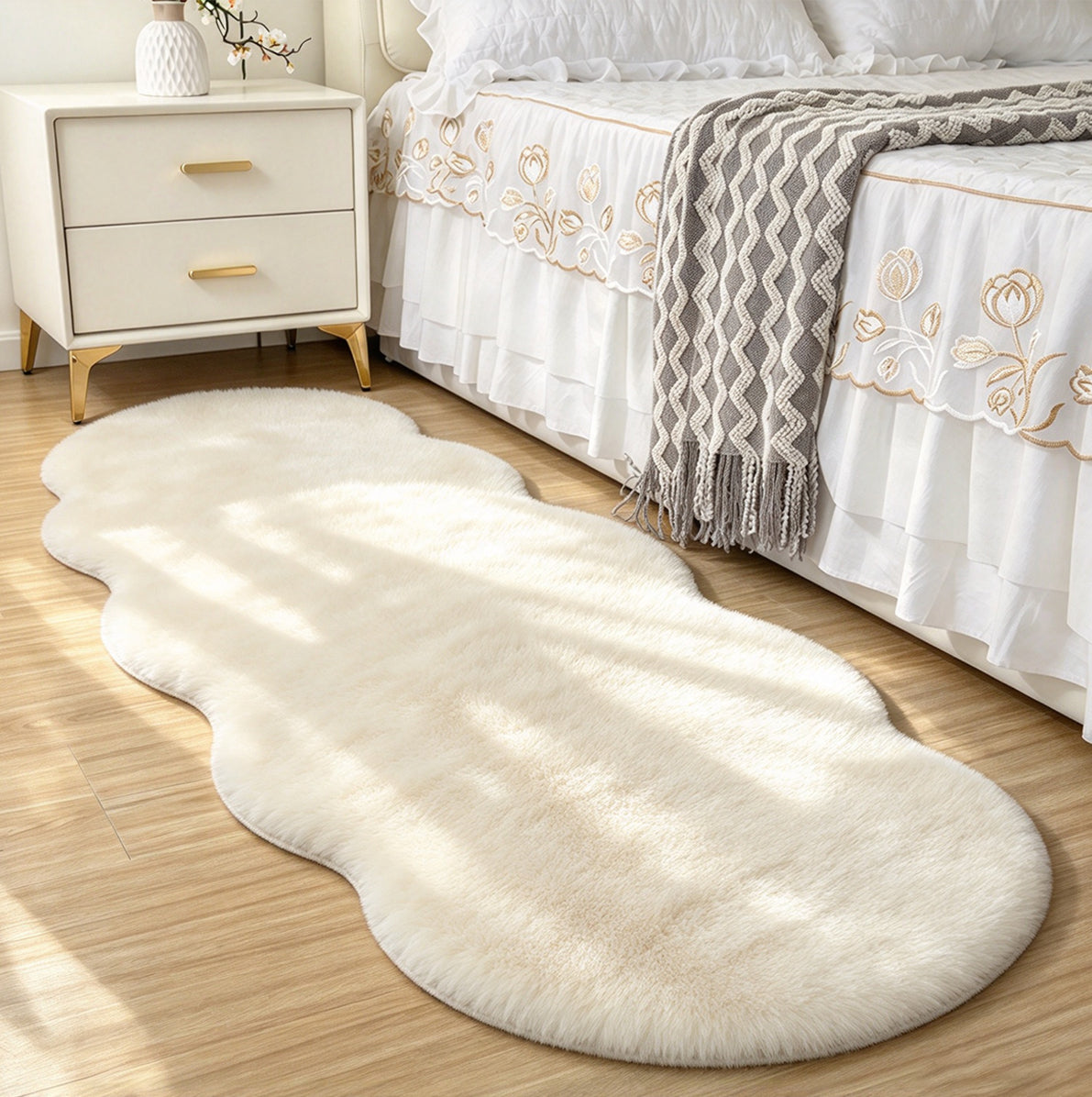 Soft Faux Rabbit Fur Rug for Bedroom Living Room and Bedside - Beige