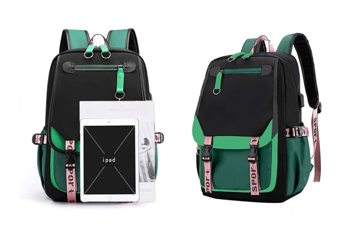 Girls Backpack Middle School Students Bookbag with USB Charge Port-Green