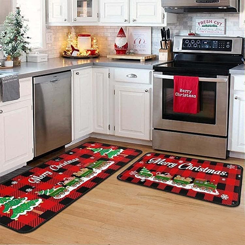 2Pcs Set Christmas Floor Mats Non-Slip Kitchen Mats Xmas Doormats Style 5