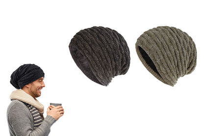 2Pcs Men Women Unisex Winter Warm Fleece Lined Slouchy Knit Beanie Hat-Black And Dark Grey