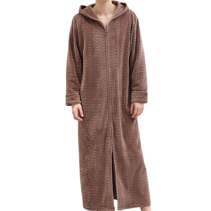 Unisex Bathrobe Fleece Robes Winter Warm Nightgown Sleepwear Pyjamas-Coffee