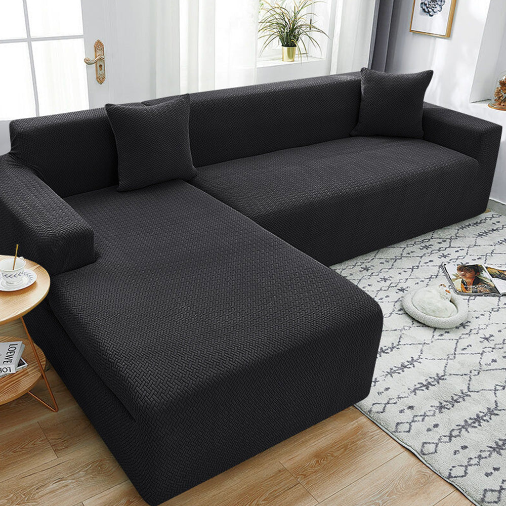 Elastic Full-Cover T-Shaped Jacquard Universal Sofa Slipcover for 1-4 Seater-Black