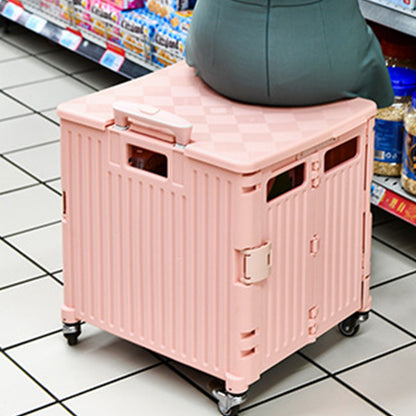 65L Folding Utility Cart Portable Rolling Crate Handcart Shopping Trolley with Lid Pink