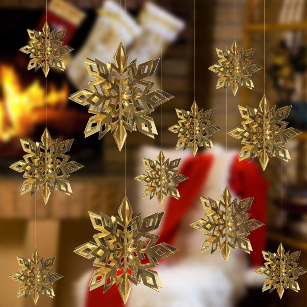 3D Paper Snowflake Hanging Decor Christmas Tree & Party Ornaments Mirror Gold