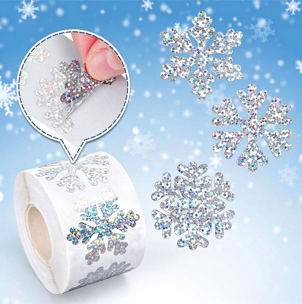 2 Rolls of 500 Christmas Holographic Stickers 3cm Diameter - Snowflake