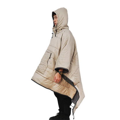 Camping Warm Cloak Cape Poncho Sleeping Bag Wearable Hooded Blanket for Hiking Fishing Outdoor Sport Khaki