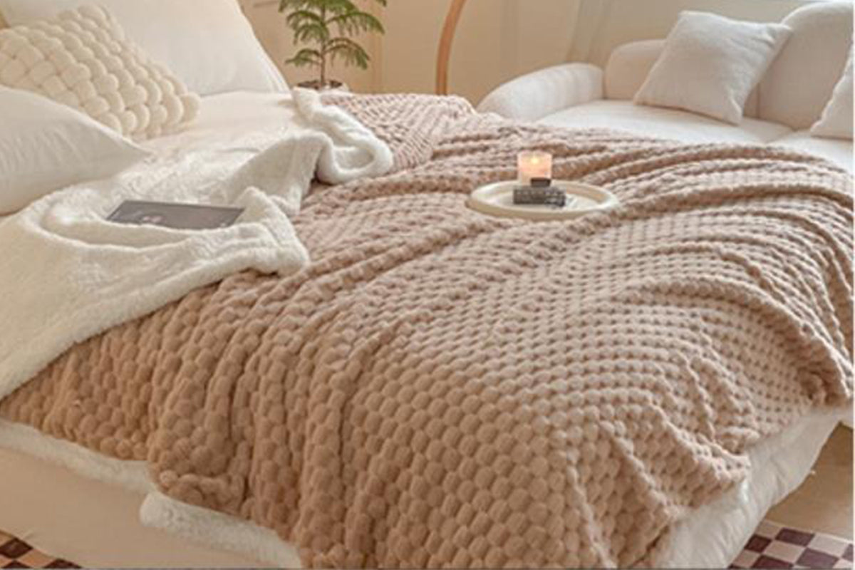 Fluffy Fleece Comforter Soft Warm Winter Jacquard Throw Blanket for Couch Bed -Khaki