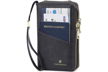 RFID Blocking Passport Wallet PU Document Organizer with Wristlet for Women -Black