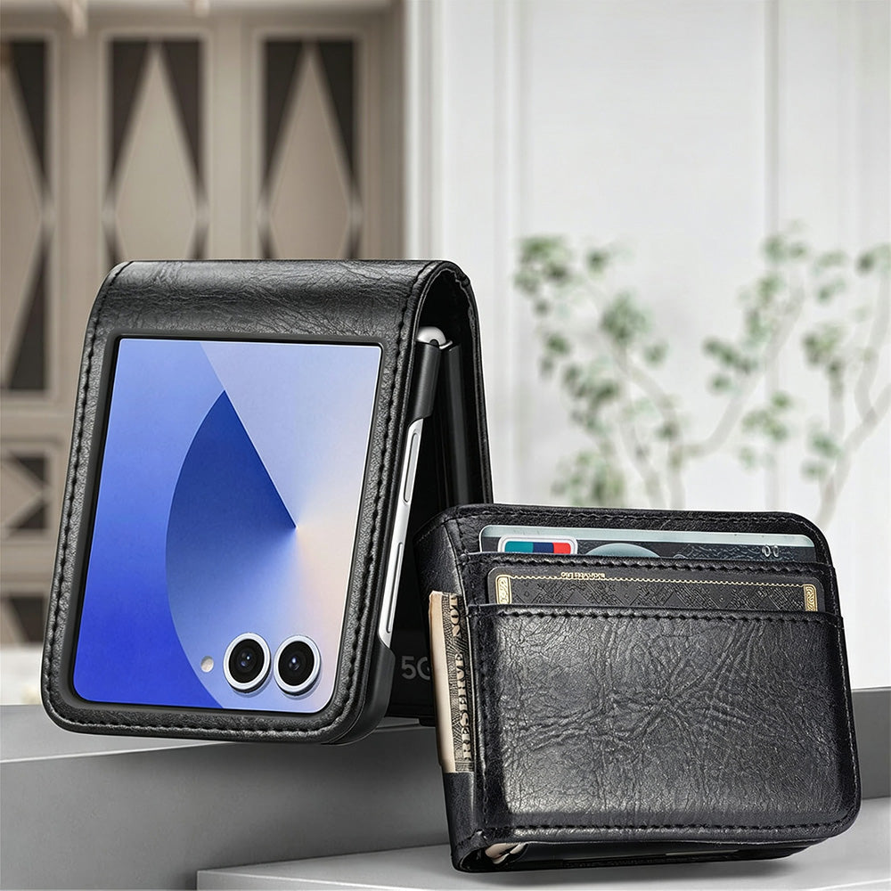 PU Wallet Card Holder Case for Samsung Galaxy Z Flip 6 7 8 with Stand - Black