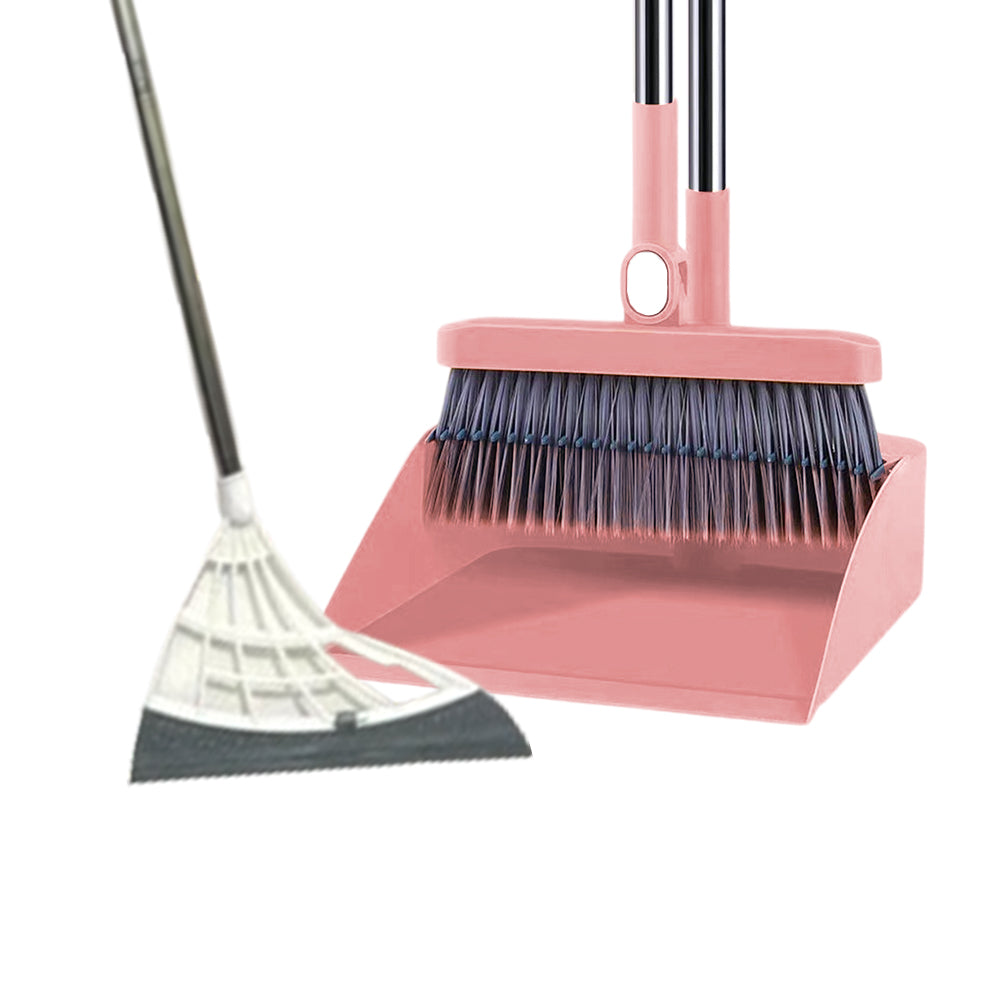 180-Degree Rotating Broom and Foldable Standing Dustpan Set with Scraper for Home Office Pink