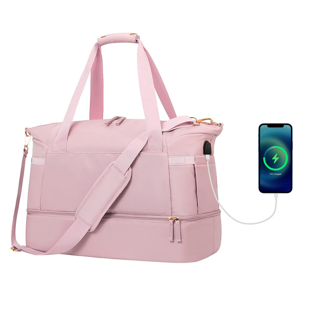 37L Women Fitness Travel Bag Waterproof USB Charging Carry-On Overnight Pink