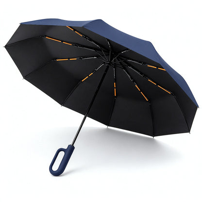 Automatic 10-Rib Folding Umbrella with Carabiner Handle UPF 40+ - Navy