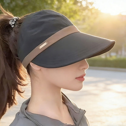 Womens Wide Brim Ponytail Sun Hat Breathable Beach Cap - Black