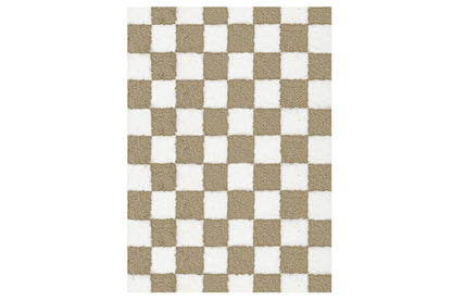 Checkered Plush Shaggy Rug Non Slip Carpet - Khaki